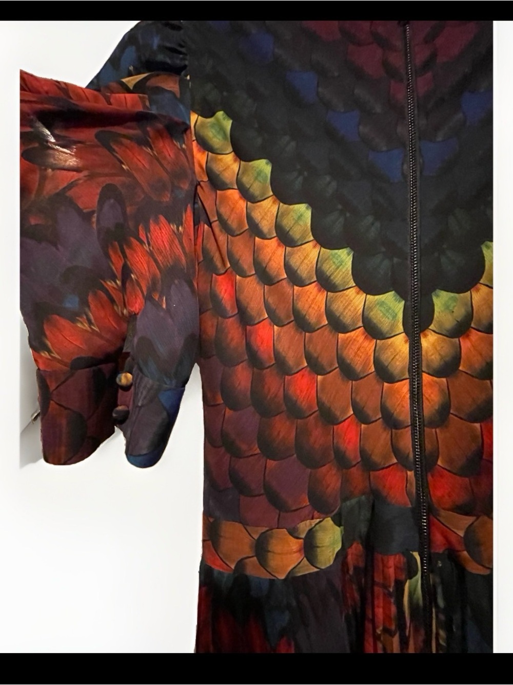Alice + Olivia Haven Peacock Chiffon Pleated Ruffled Feather Multi Gown - Picture 4 of 9
